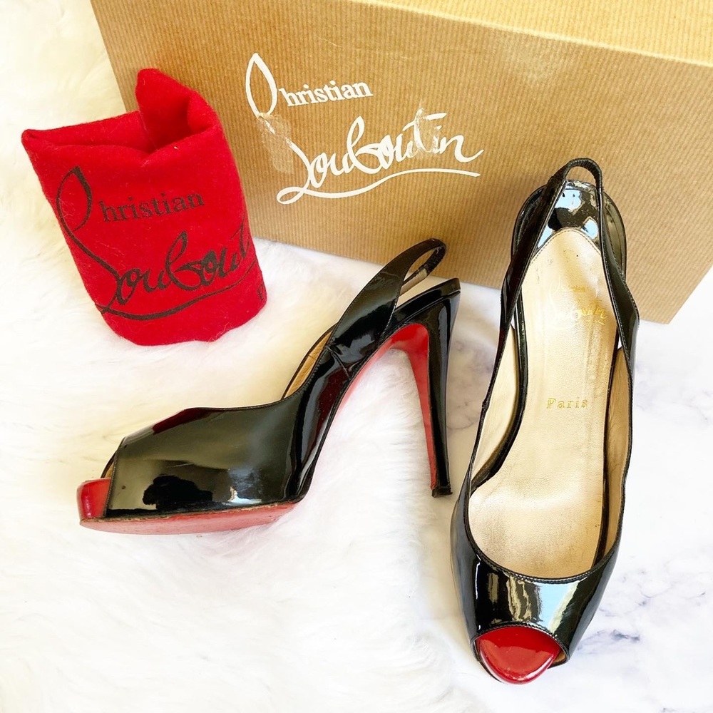 Christian Louboutin Black Patent Slingback Peep toe heels
